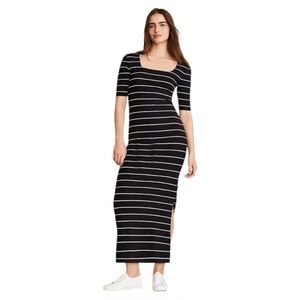 Lou & Grey Stripped Ribbed Square Neck Maxi Dress Black/ White Stripes Medium